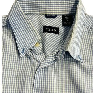 IZOD Blue & White Gingham Plaid Short Sleeve Button-Down Shirt 100% Cotton Men L